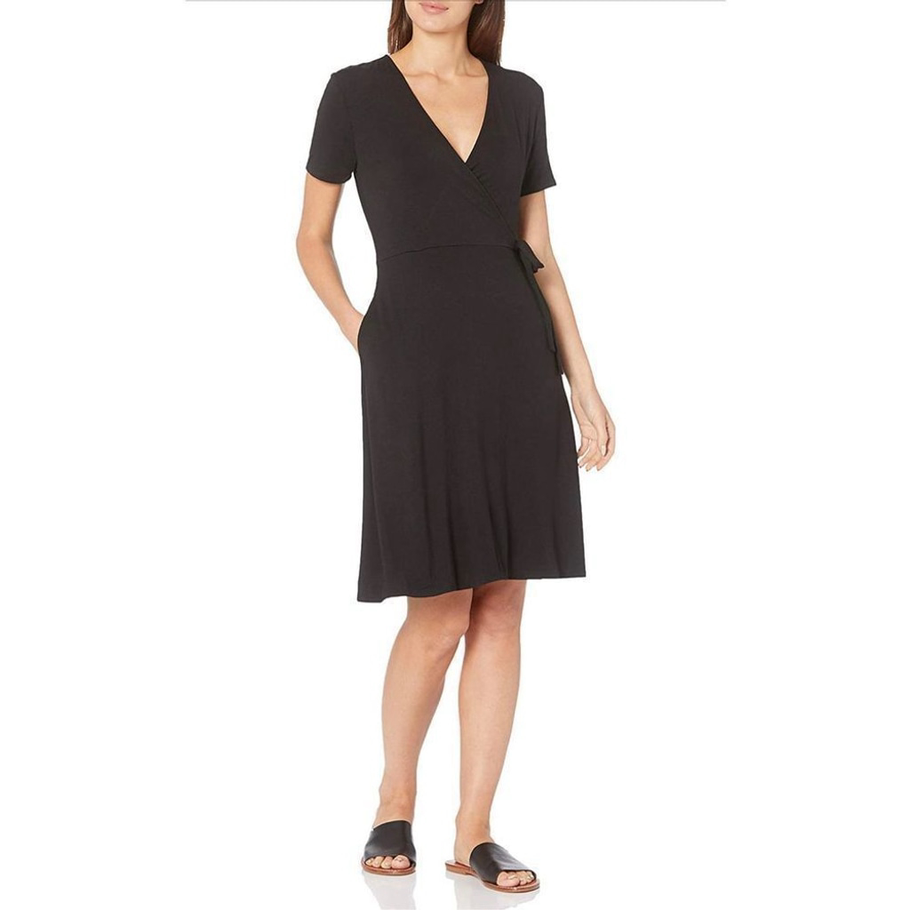 New Amazon Super Soft Essentials Cap-Sleeve Faux-Wrap Dress L